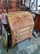 A reproduction Walnut bureau having three long drawers on cabriole legs