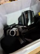 A box of vintage camera and audio equipment including I-pods, 160GB (2)