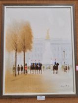 Anthony Robert Klitz; a late 1970s oil painting of Horse Guards in front of Buckingham Palace, signe