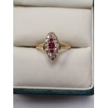 18ct yellow gold dress ring set with marquise panel set with rubies and diamonds, size M, 2.2g