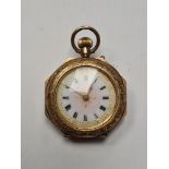 Continental 14L gold cased fob watch with pretty gilded enamelled dial with Roman Numerals, the case