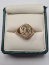 9ct yellow gold signet ring with oval panel inscribed with initials, marked 375, Birmingham maker PP