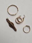 Pair of yellow gold hoop earrings, odd 9ct gold hoop, 9ct gold bar brooch inset with sapphires and d
