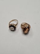 2 (ct gold dress rings, one set with large faceted orange paste stone on decorative mount, the other