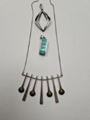 Attractive Norwegian silver necklace with drop panel alternating with 'Arksel Holmsen' enamel, marke