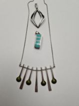Attractive Norwegian silver necklace with drop panel alternating with 'Arksel Holmsen' enamel, marke