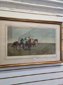Alfred Munnings; a pencil signed print of Racehorses titled 'October Meeting', 75 x 43.5cms