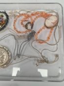 Tray of costume jewellery to include silver chains, Cameo brooch and ring, large silver St Christoph
