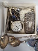 Box mixed items to include pocket watches, silver Vesta case, enamelled buttons, etc