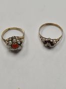 9ct yellow gold coral and pearl cluster ring, AF, , one pearl missing, size L, and another 9ct gold