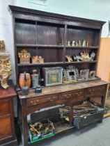 18th Century Oak Pot board dresser base with 3 drawers and rack above