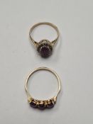2  9ct yellow gold dress rings, one set with an amethyst and diamond chips cluster the other set wit