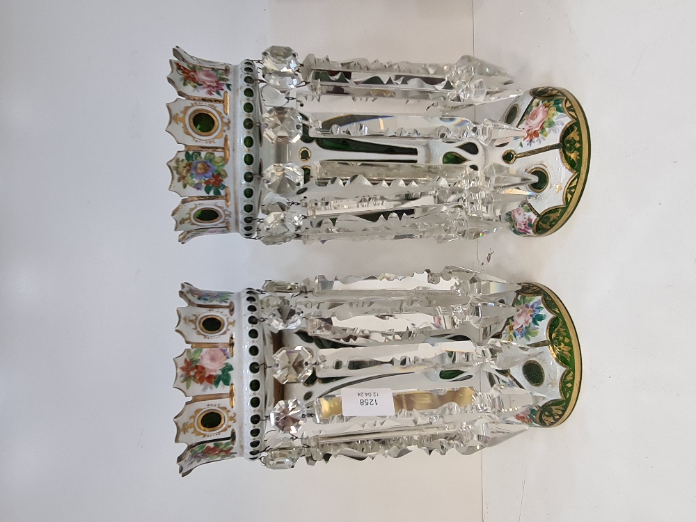 A pair of antique Bohemian green glass and painted enamel lustres decorated flowers, 31.5cfms