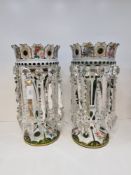 A pair of antique Bohemian green glass and painted enamel lustres decorated flowers, 31.5cfms