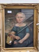 An antique oil on canvas portrait of young girl with basket of flowers, probably early 19th century,