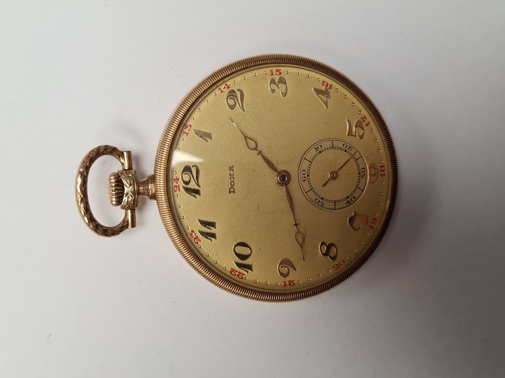 14K yellow gold cased 'Doxa' pocket watch, with golden numbered dial red outer, 24hr markers, subsid