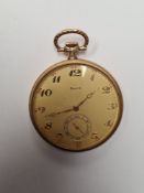 14K yellow gold cased 'Doxa' pocket watch, with golden numbered dial red outer, 24hr markers, subsid
