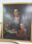 A large 19th Century oil painting of seated mother and child reading a book, unsigned, (possibly rel