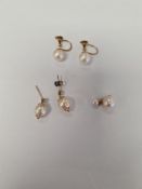 Pair of 9ct yellow gold and pearl screw back earrings, another pair and one other