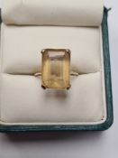 9ct yellow gold dress ring set with step cut citrine, 14.4mm x 10.4mm in 4 claw setting, size O, 4.3