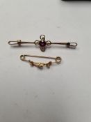 9ct yellow gold bar brooch set with round cut garnet and seed pearls and another Victorian seed pear