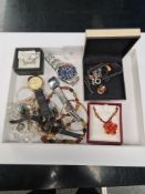 Tray mixed costume jewellery to include Links of London charm bracelet, Seiko Kinetic watch, rolled