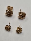 Pair of 9ct knot design studs marked 375, 1cm, and a smaller unmarked yellow metal pair, approx 3.8g