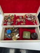 Jewellery box and contents including silver bonded gold bangle earrings, brooches, etc