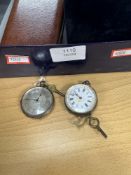 2 Continental silver cased fob watches, one with enamel dial the other silvered, cased simulated pea