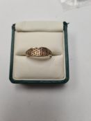9ct yellow gold ring with bowed panel inset woven design tri colour gold detail, marked 375, maker B