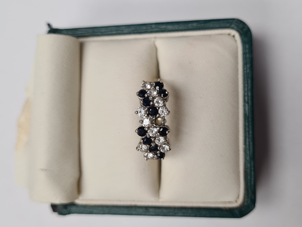 9ct yellow gold sapphire and clear stone cluster ring, marked 375, AF missing sapphire, size R, appr