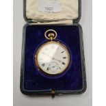 18ct gold cased pocket watch with white enamelled dial, Roman numerals, subsidiary seconds dial, mov