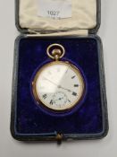 18ct gold cased pocket watch with white enamelled dial, Roman numerals, subsidiary seconds dial, mov