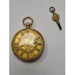 18ct gold cased pocket watch with golden dial, floral decoration, blank cartouche, and Roman numeral
