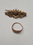 Victorian brooch with floral overlay, seed pearls, 9ct, AF and a 9ct gold signet ring, approx 5.31g