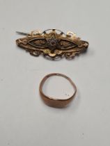 Victorian brooch with floral overlay, seed pearls, 9ct, AF and a 9ct gold signet ring, approx 5.31g