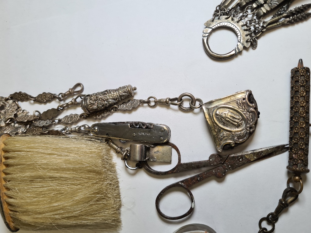 A silver handled brush, also with silver and white metal belt items to include manicure items, penkn - Image 4 of 6