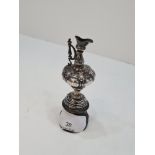 A William Hutton and Sons novelty miniature ewer on a turned wooden base, hallmarked Birmingham, how