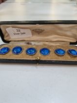 A cased set of six pretty blue enamel and silver buttons by James Fenton, Birmingham 1910. The ename