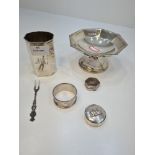 A mixed lot comprising of a silver bon bon dish of octagonal form, on a raised pedestal circular foo