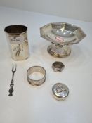 A mixed lot comprising of a silver bon bon dish of octagonal form, on a raised pedestal circular foo