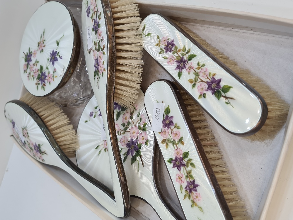 Garrard and Co Ltd., a stunning silver and enamel dressing table set consisting of brushes, a mirror - Image 2 of 5