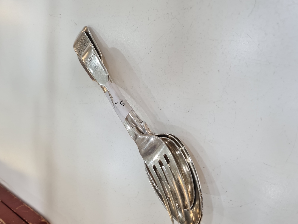 A strong lot of old silver flatware, consisting of four items: a dessert spoon by William Chawner, L