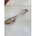 A strong lot of old silver flatware, consisting of four items: a dessert spoon by William Chawner, L