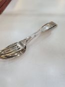 A strong lot of old silver flatware, consisting of four items: a dessert spoon by William Chawner, L