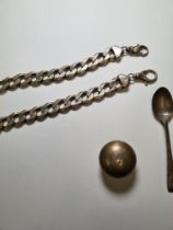Two heavy sterling chain bracelets marked 'Italy' '925'. 6.05ozt approx. Also with a silver spoon, a