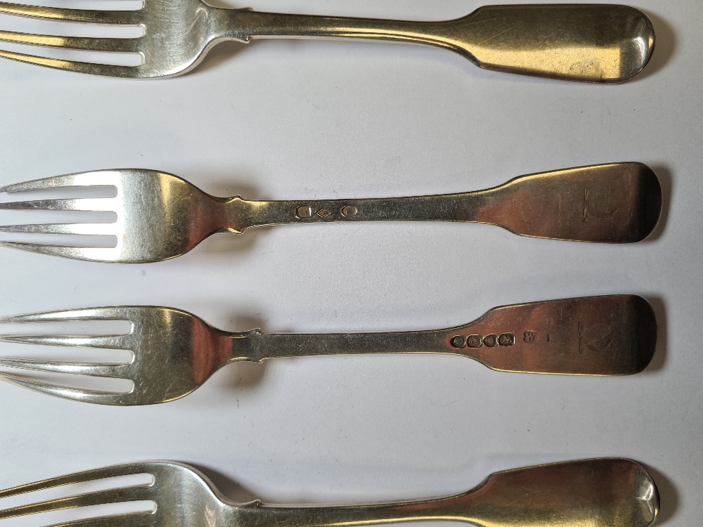 A set of six Georgian forks by William Eaton, London 1837. 8.52ozt approx. With four, possibly Conti - Image 3 of 3