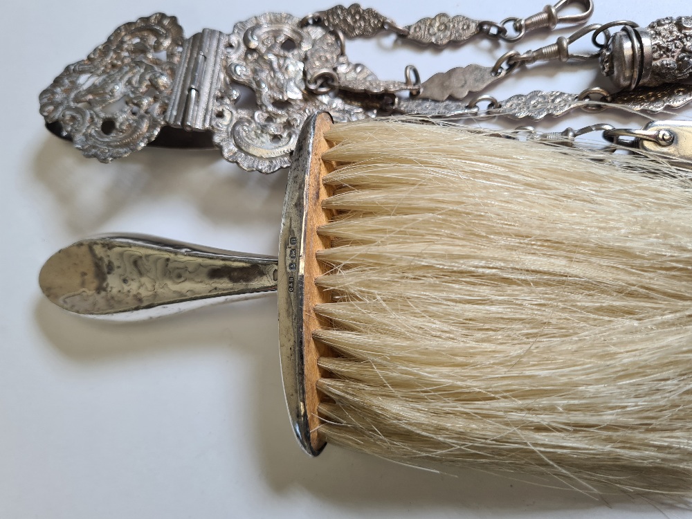 A silver handled brush, also with silver and white metal belt items to include manicure items, penkn - Image 3 of 6