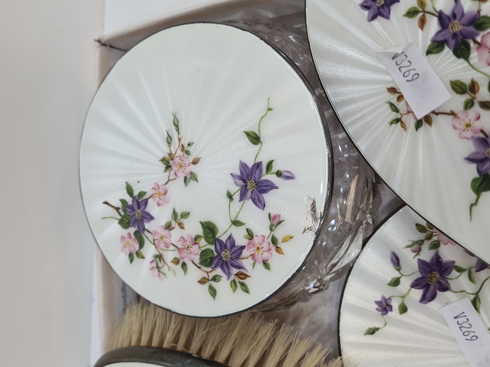 Garrard and Co Ltd., a stunning silver and enamel dressing table set consisting of brushes, a mirror - Image 3 of 5