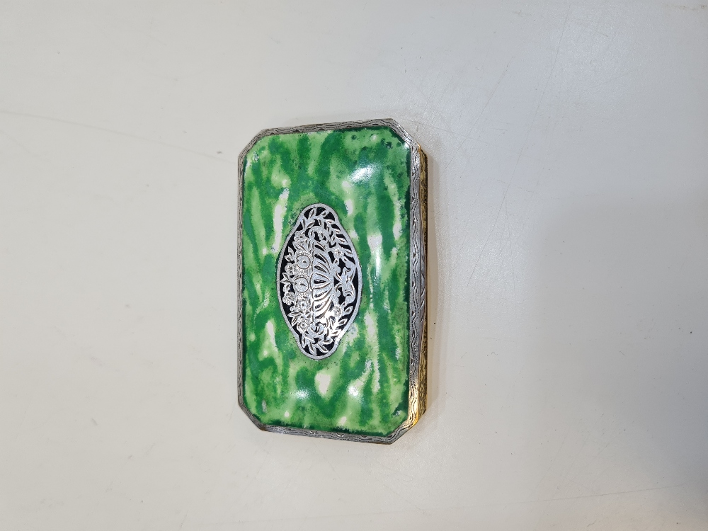 A fantastic Austrian green enamelled trinket box with central decorative cartouche. White metal lid